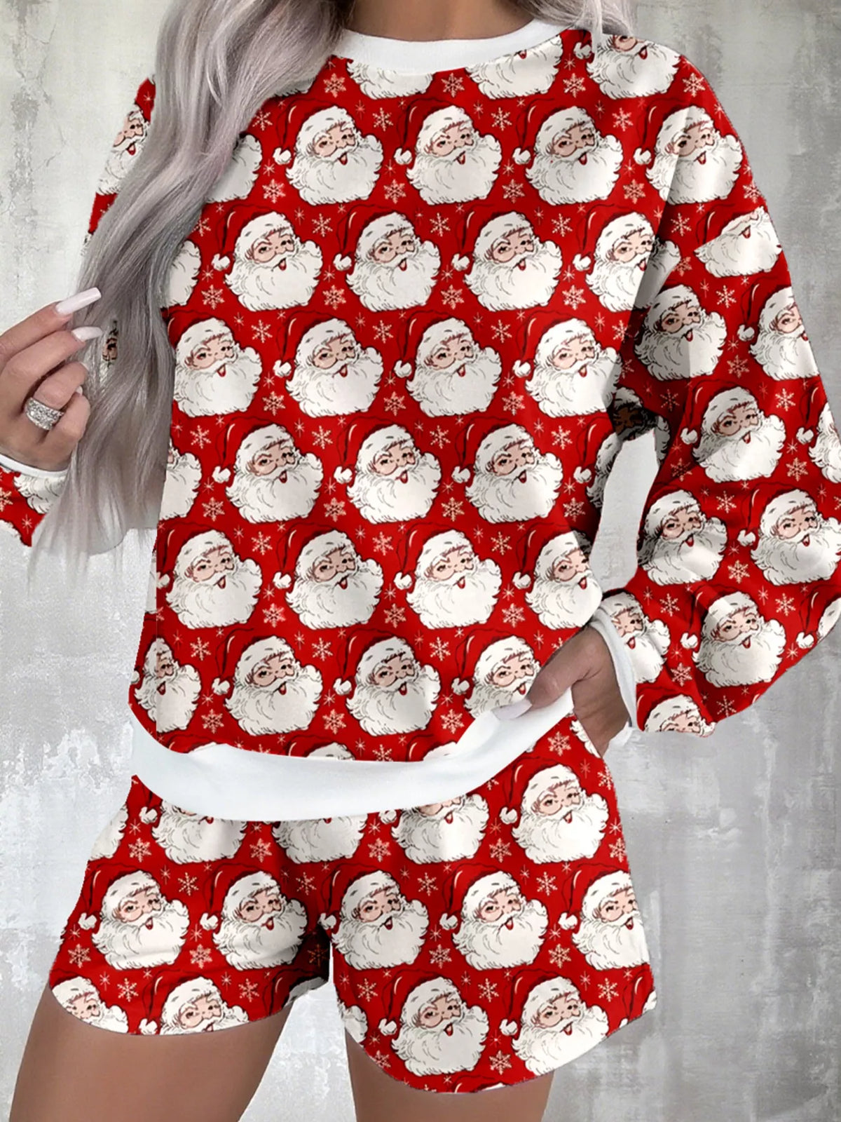 Women's Christmas Santa-Print Top & Shorts Lounge Set: Front view of red-and-white Santa-print long-sleeve top and matching shorts.