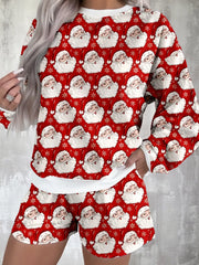 Women's Christmas Santa-Print Top & Shorts Lounge Set: Front view of red-and-white Santa-print long-sleeve top and matching shorts.
