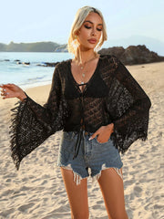 Black tie-front crochet cover-up with wide sleeves