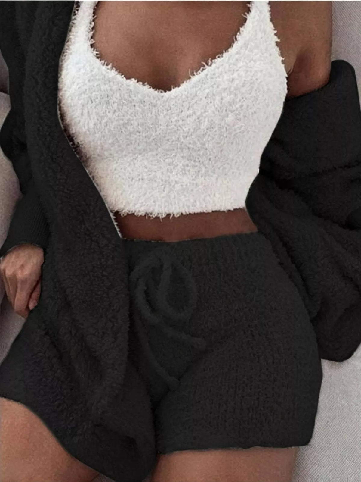 Black fuzzy lounge set with crop top, cardigan and shorts