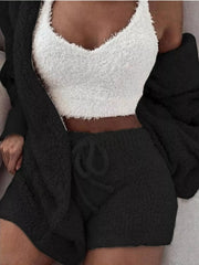 Black fuzzy lounge set with crop top, cardigan and shorts