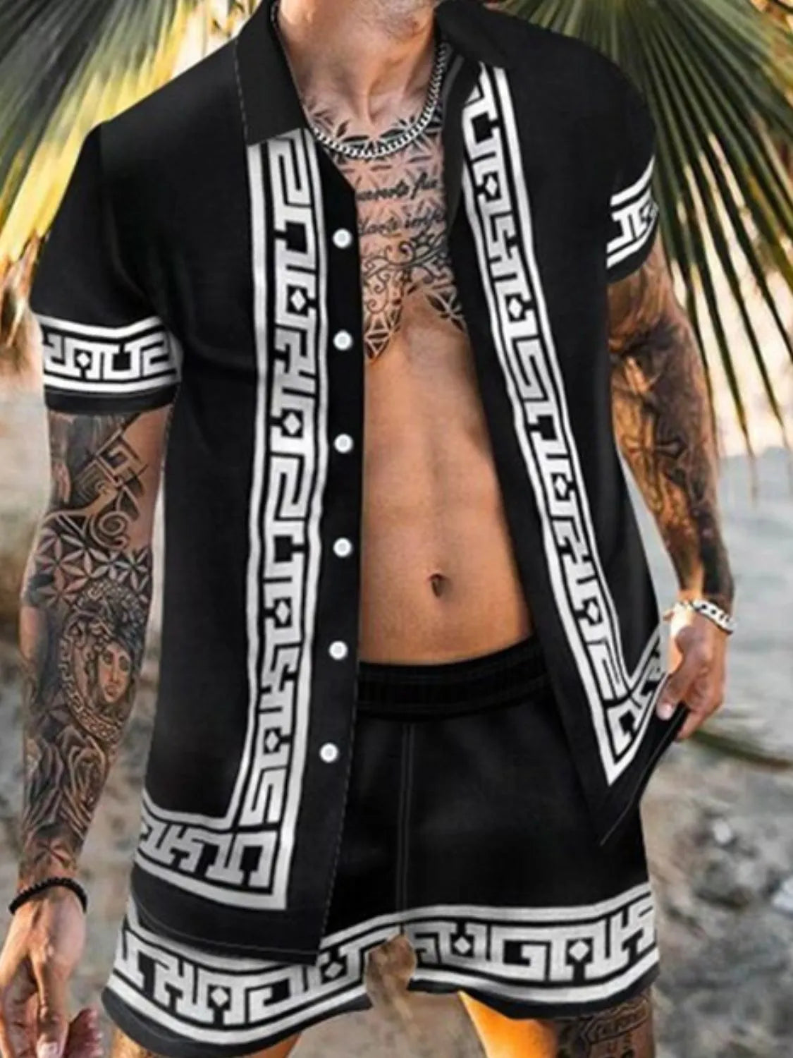 Close view of black geometric-trim shirt and matching shorts