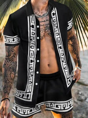 Close view of black geometric-trim shirt and matching shorts