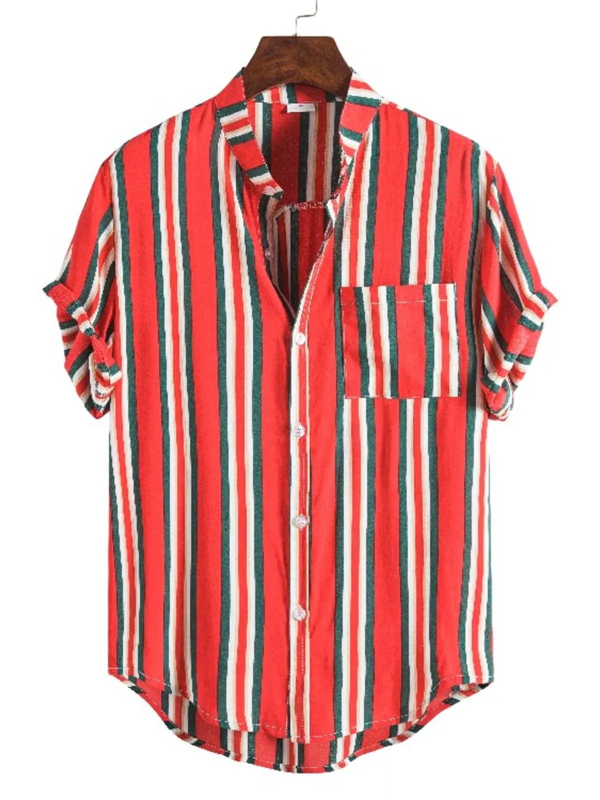 Red shirt with white and dark vertical stripes, laid flat