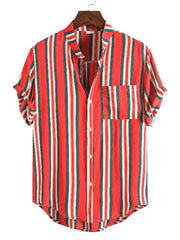 Red shirt with white and dark vertical stripes, laid flat