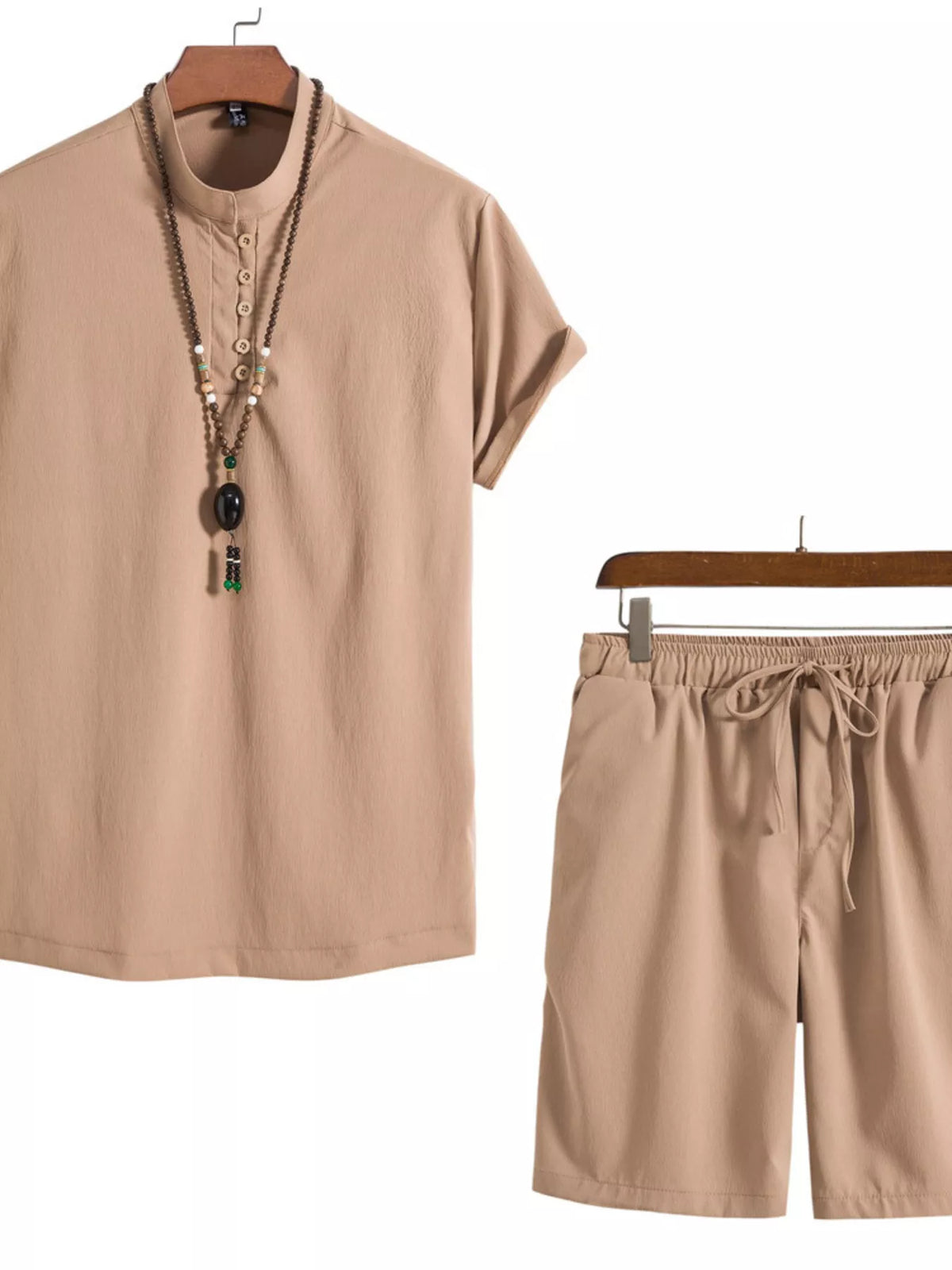 Tan short-sleeve Mandarin collar shirt and matching drawstring shorts with necklace