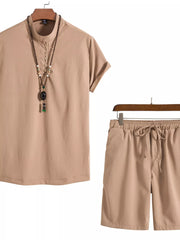 Tan short-sleeve Mandarin collar shirt and matching drawstring shorts with necklace