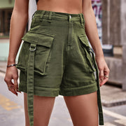 Three-quarter front view of black cargo shorts with side cargo pocket.