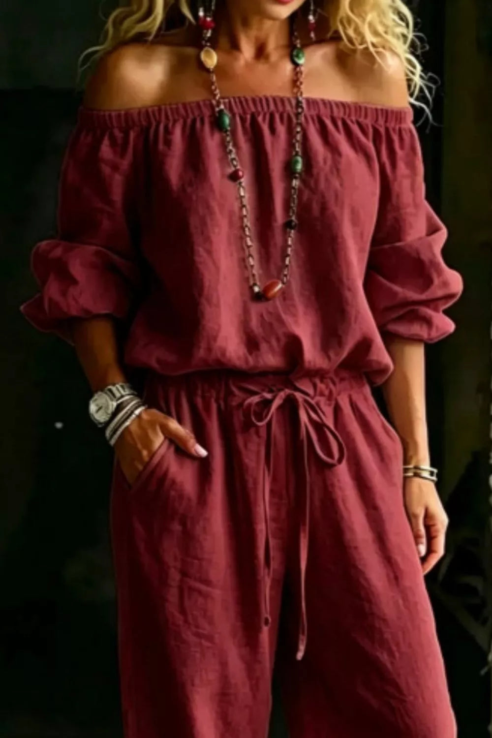 Full-size off-shoulder top and pants set plus size