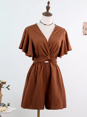 Brown flutter-sleeve romper on mannequin, front