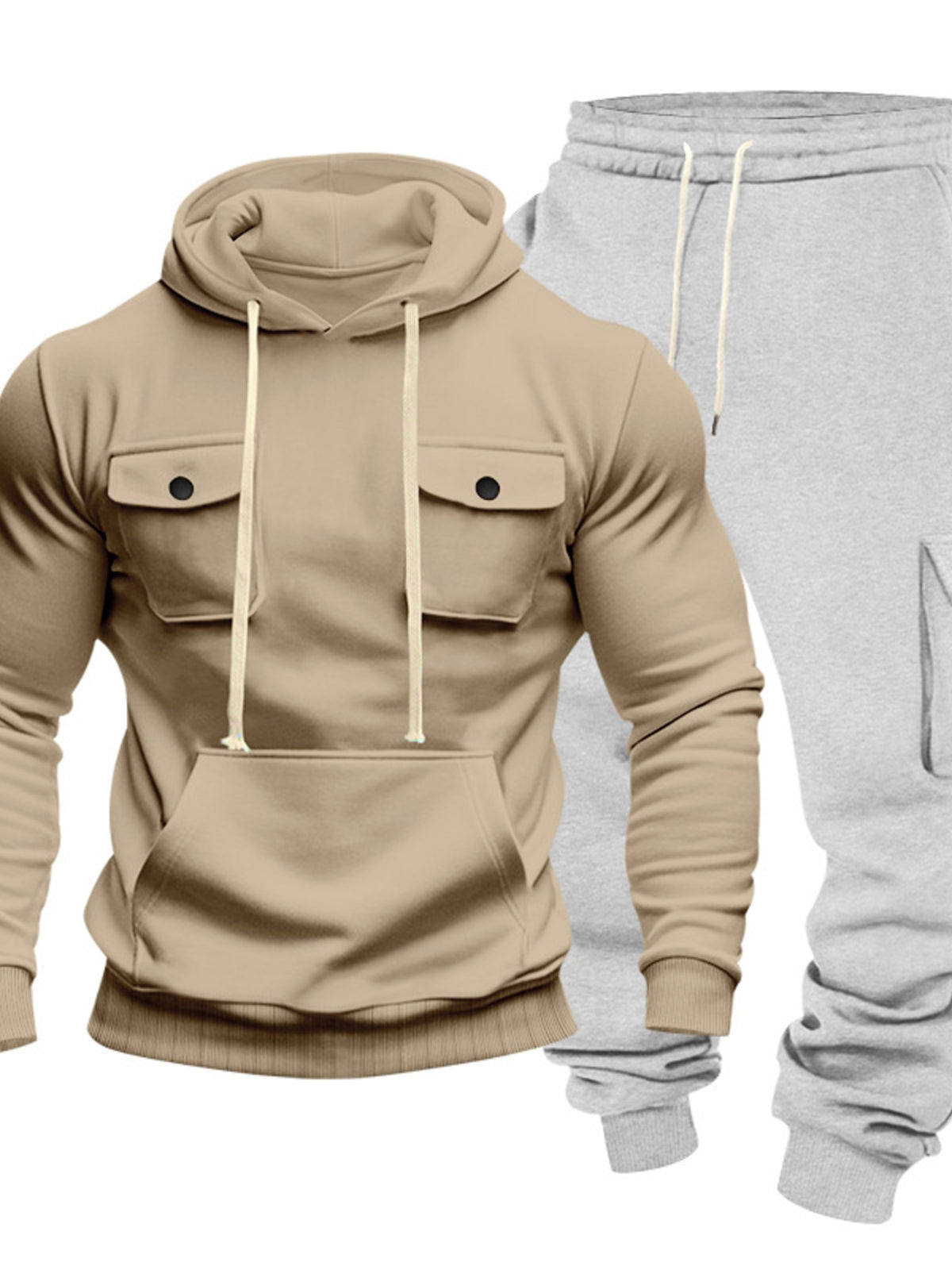 Beige hoodie and light grey cargo sweatpants displayed together on white