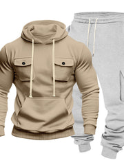 Beige hoodie and light grey cargo sweatpants displayed together on white