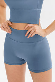 Slate-blue high-waisted ribbed shorts, front view