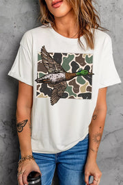 Front view of white western camouflage mallard duck graphic T-shirt