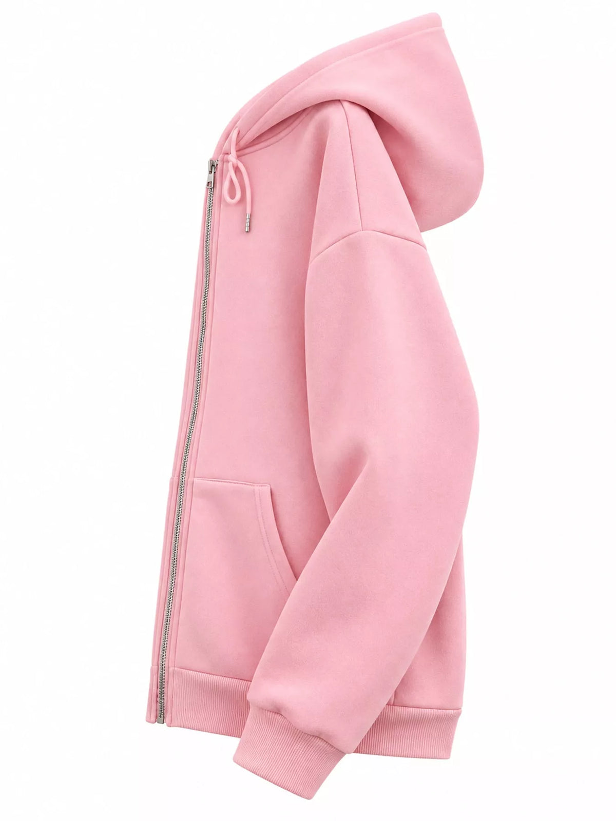 Side view of the pink hoodie showing its hood and relaxed sleeve shape