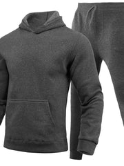 Dark gray hoodie and drawstring pants set shown together on a white background.
