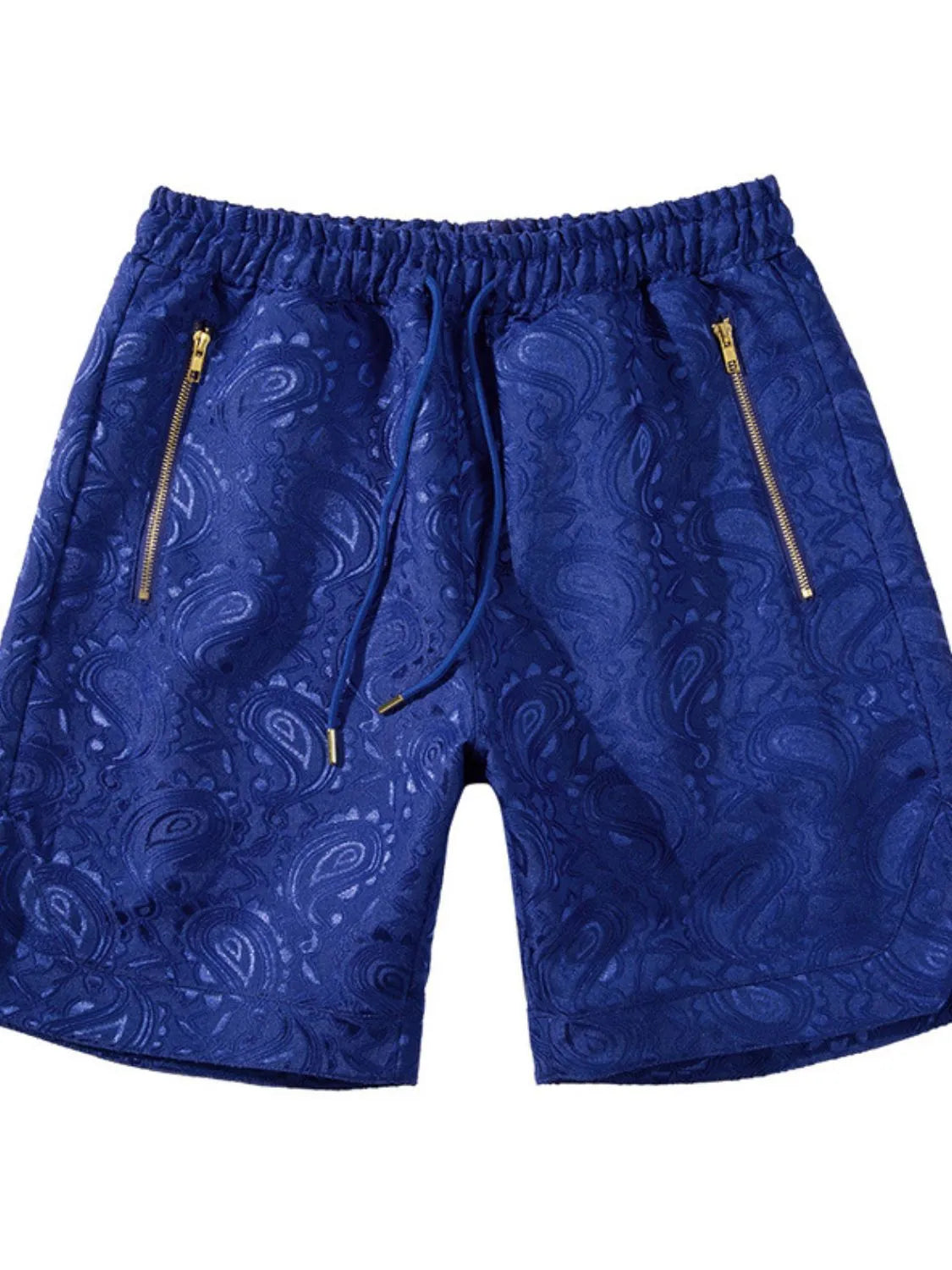 Front view of blue paisley shorts with zip pockets