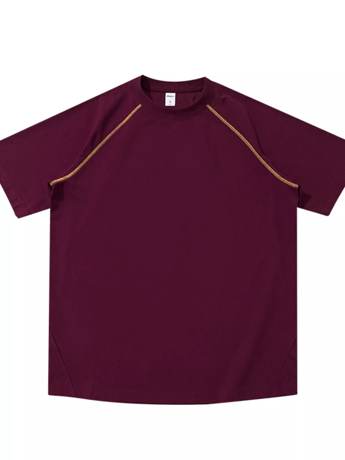 Flat lay of burgundy T-shirt with contrast shoulder piping
