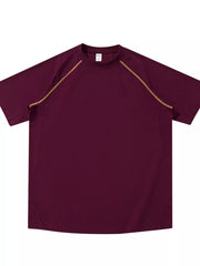 Flat lay of burgundy T-shirt with contrast shoulder piping