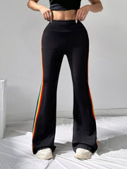 Black high-waisted flare pants with rainbow side stripes
