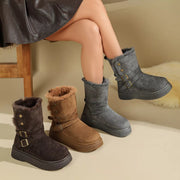 Gray mid-calf boots with faux-fur lining and double buckles