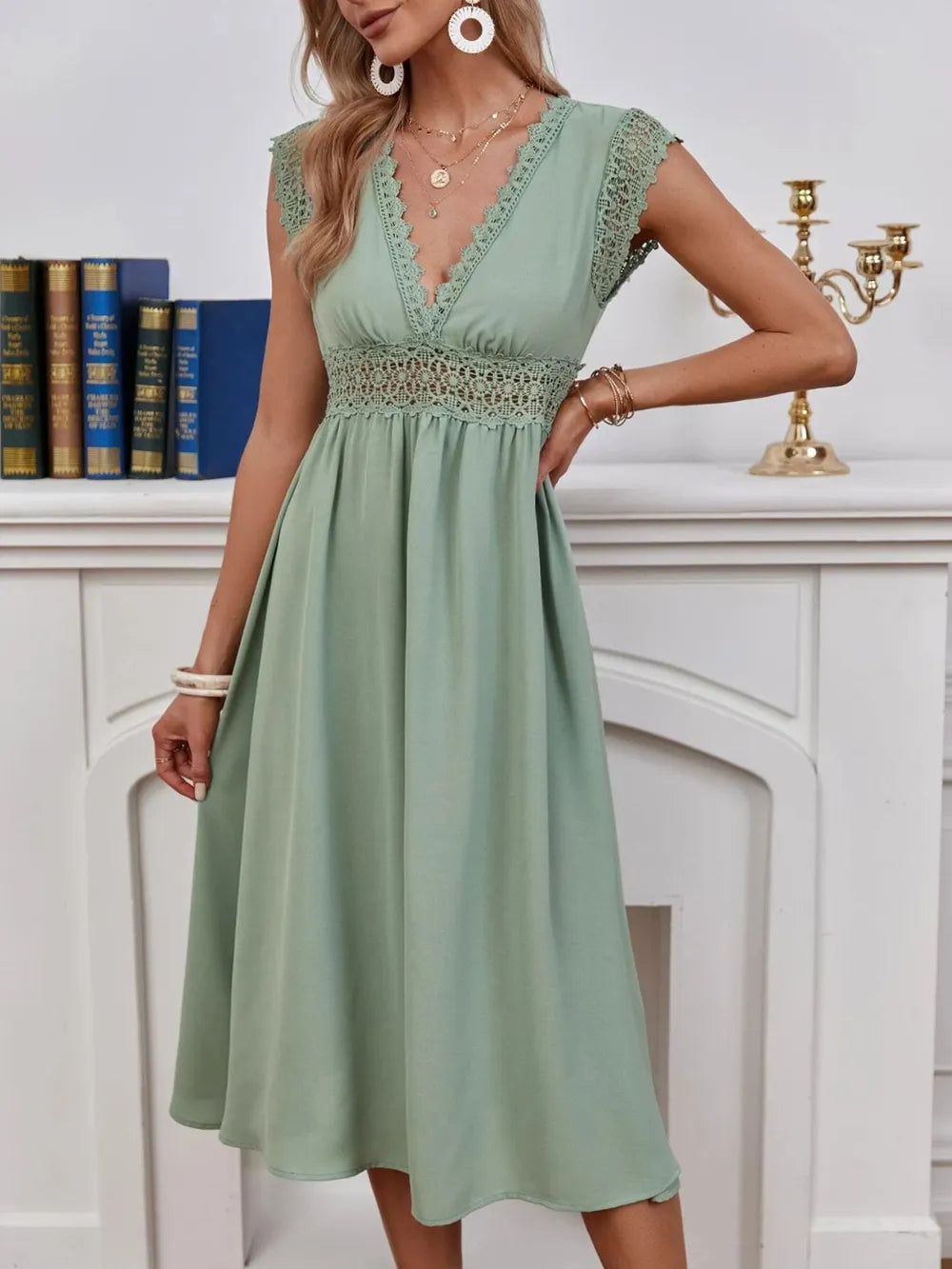 Mint green lace-detail V-neck dress, front view