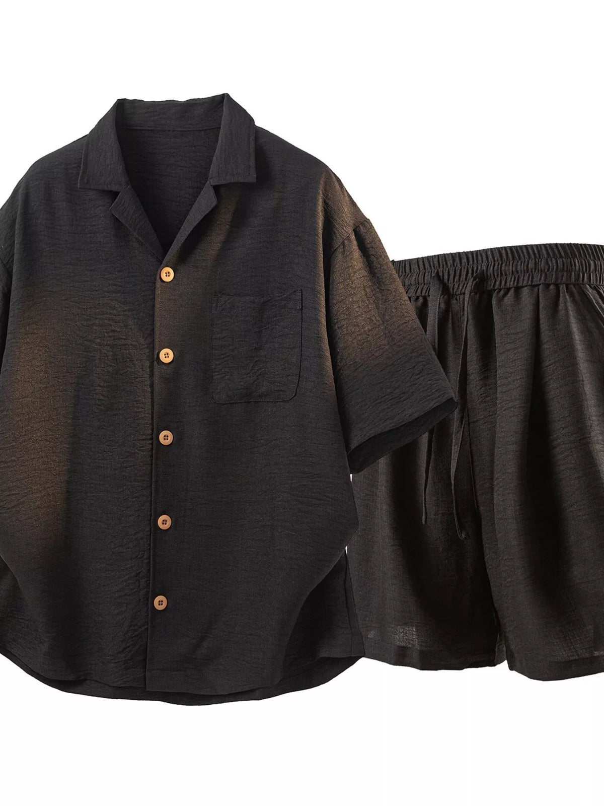 Black button-up short-sleeve shirt and matching shorts displayed from the front.