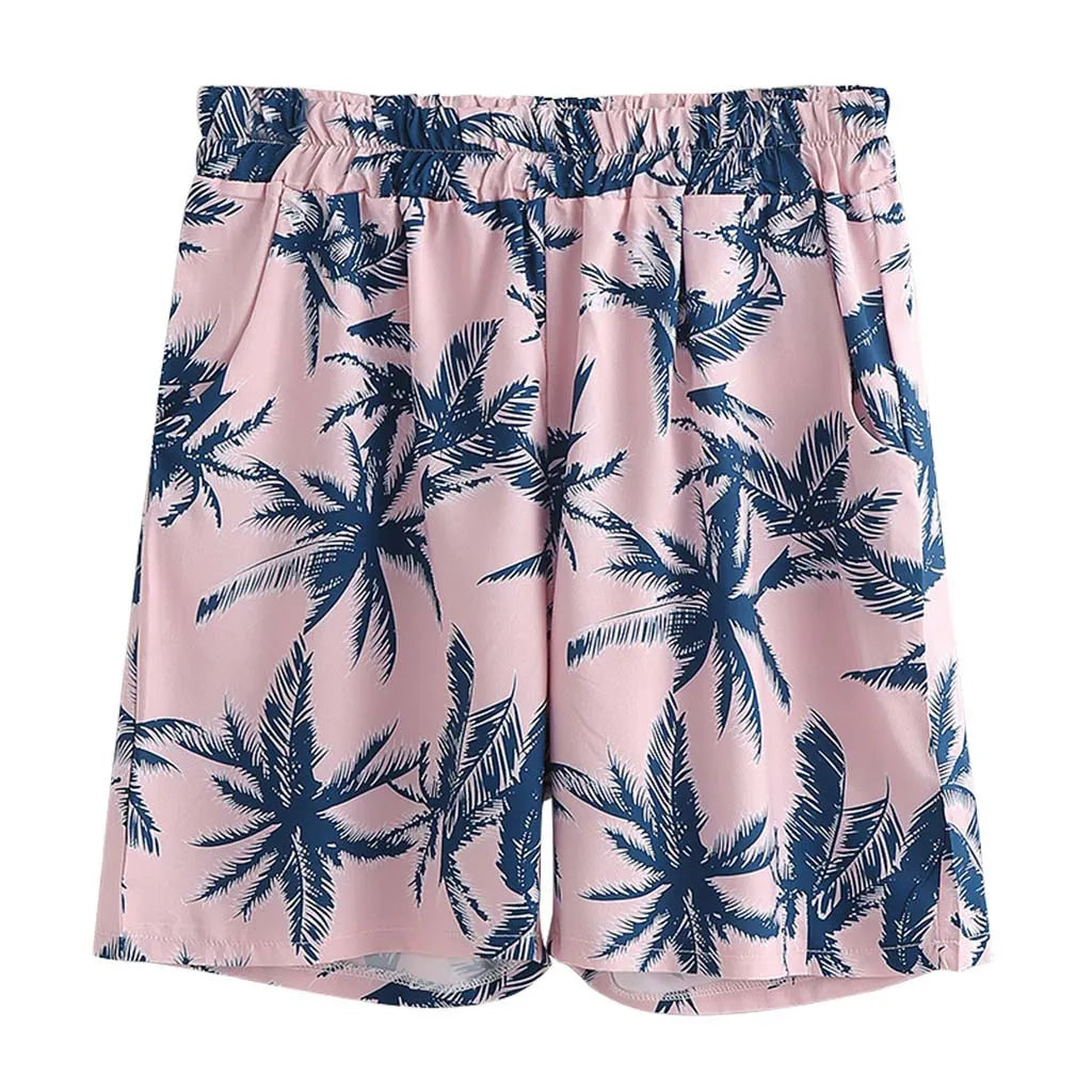 Pink palm-print matching shorts, front view