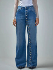 Blue wide-leg jeans with high waist and button-fly front
