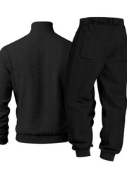 Black sweater and joggers displayed flat from the back, showing the sweater back and jogger pocket.