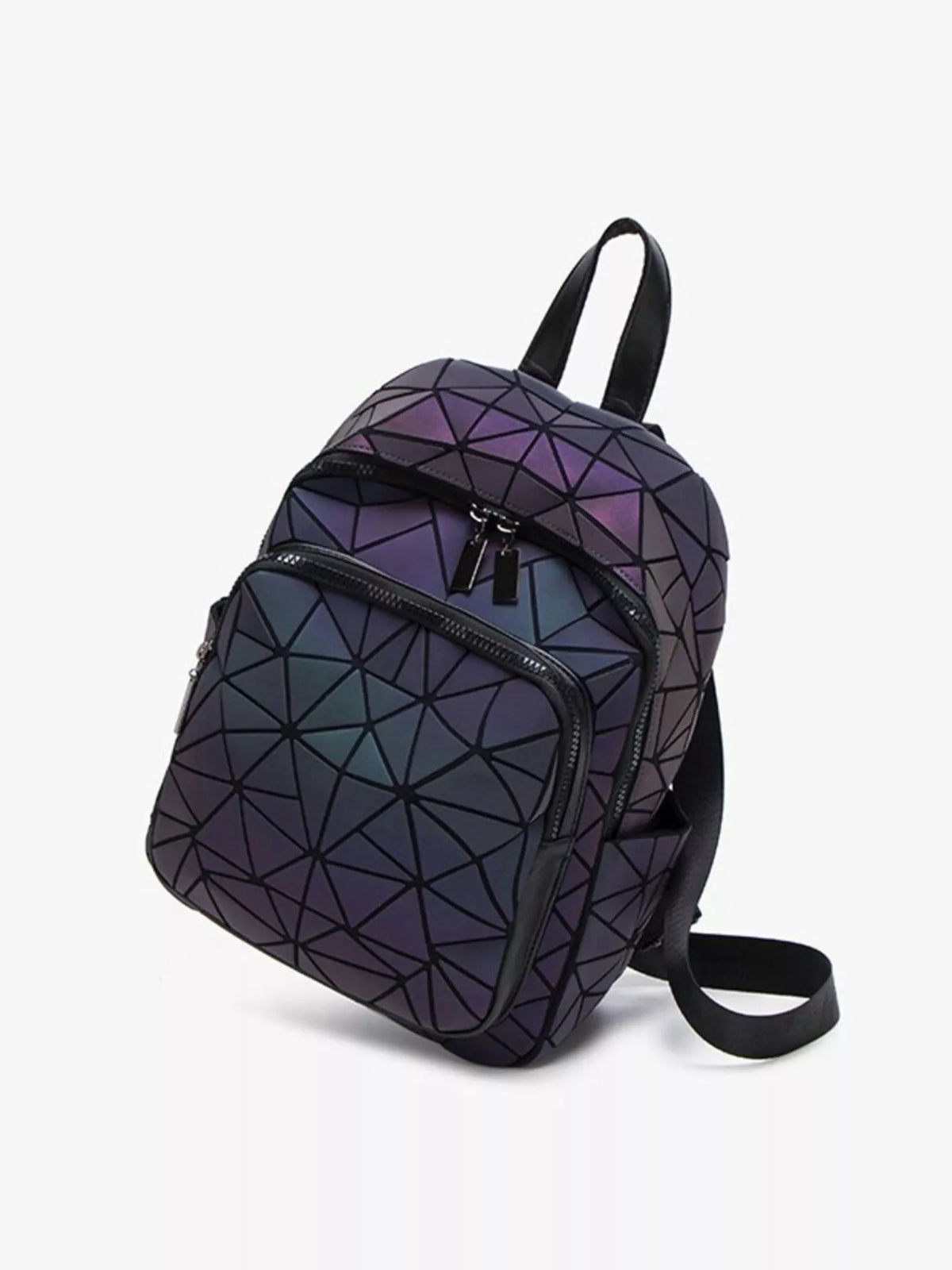 Geometric backpack angled to show front and side