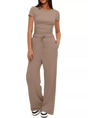 Front view of the taupe tank and wide-leg pants set.
