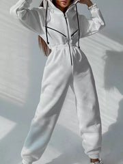 Women's hooded zip-up long-sleeve jumpsuit, white front view