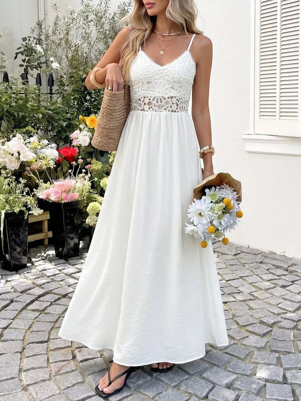 White lace V-neck maxi dress with thin straps, front view