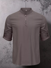 Taupe shirt with short button placket displayed on hanger