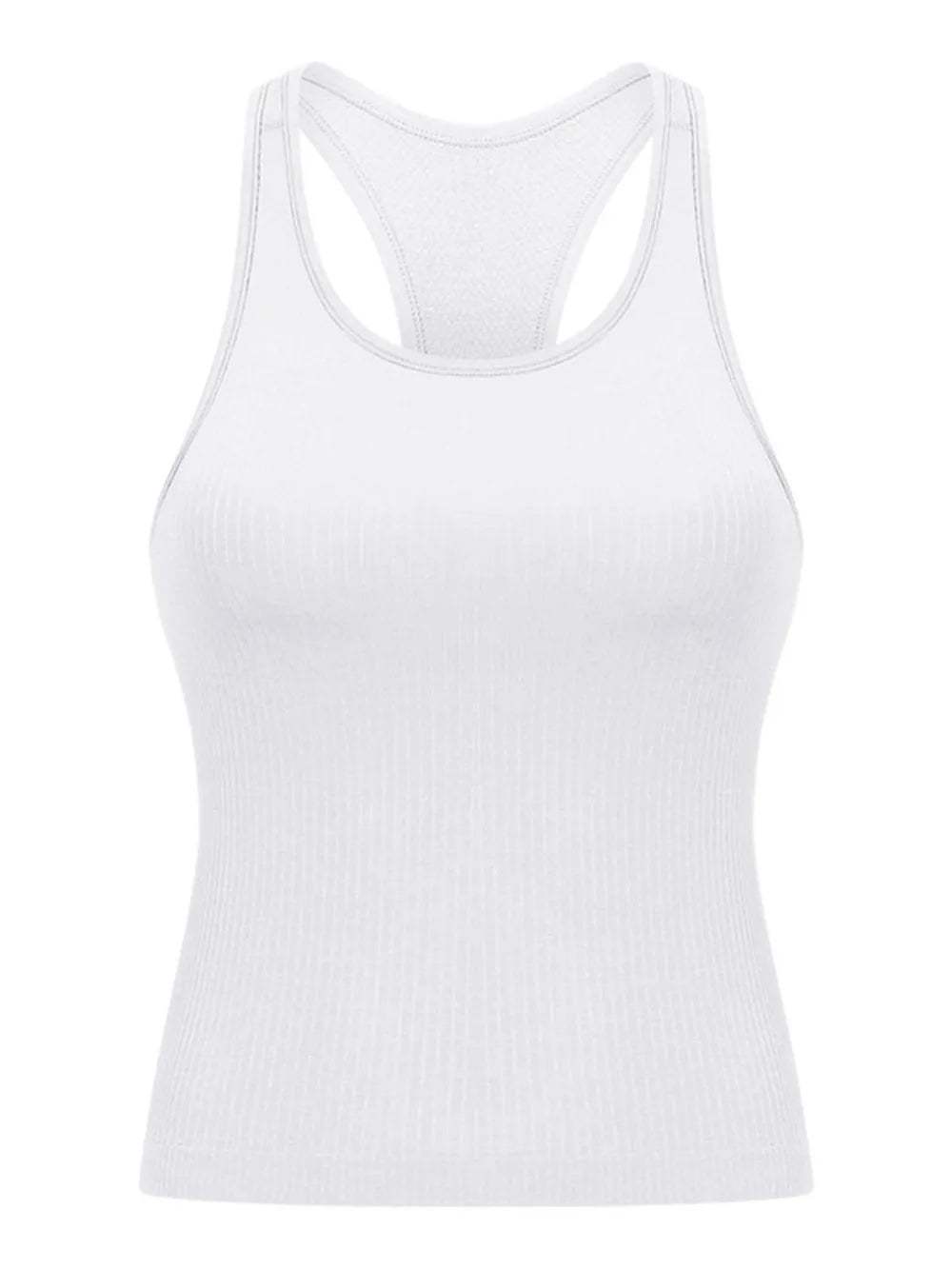 White ribbed racerback tank displayed flat from the front