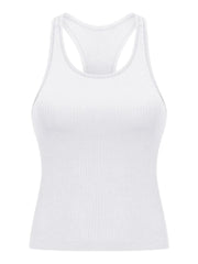 White ribbed racerback tank displayed flat from the front