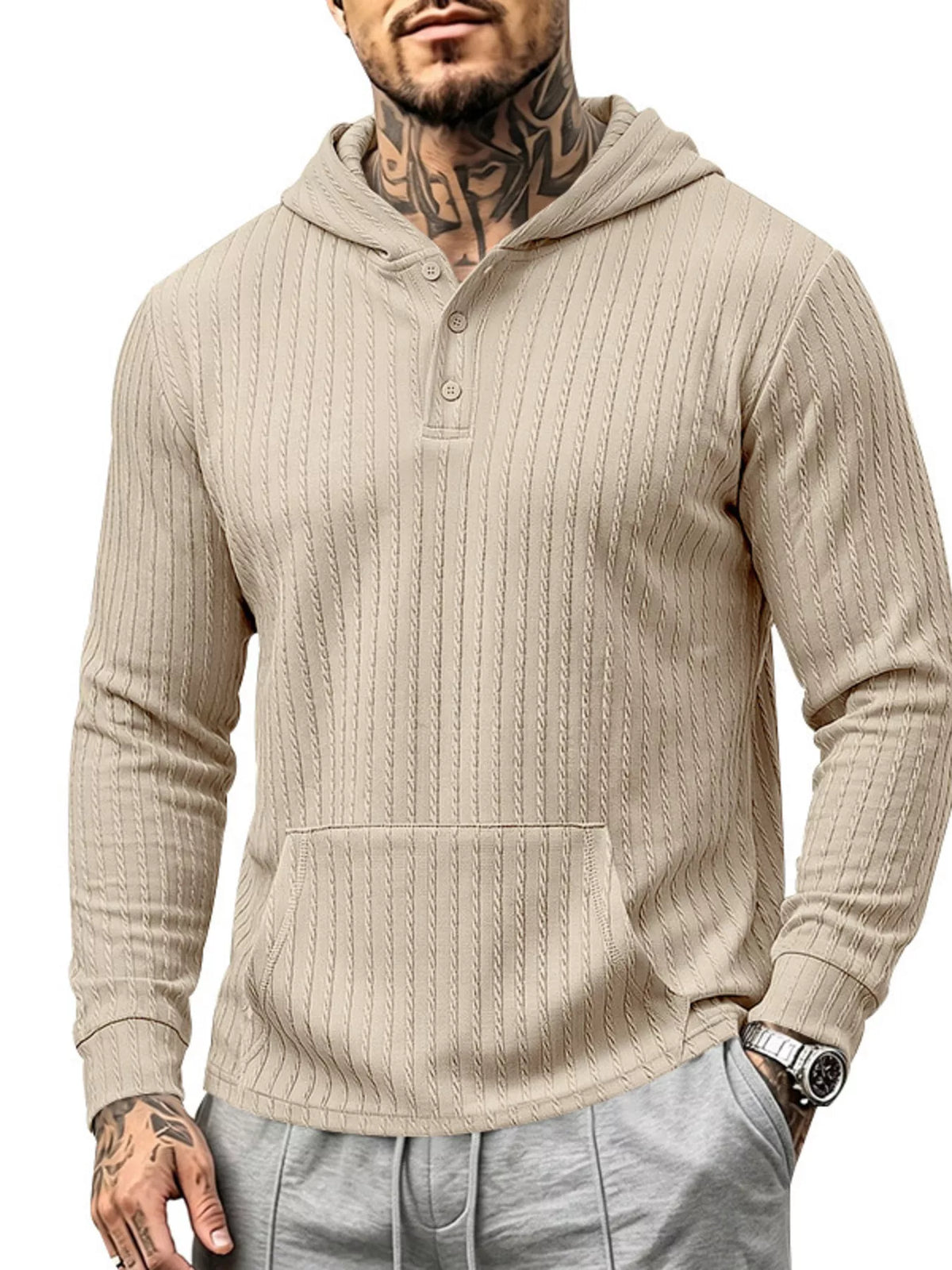 Front view of beige textured hoodie with button placket