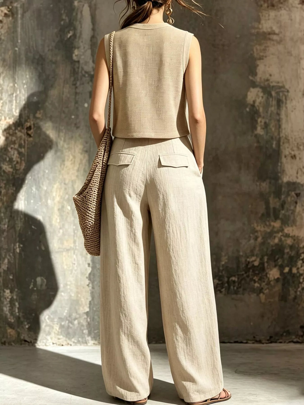 Back view of beige crop top and wide-leg cargo pants