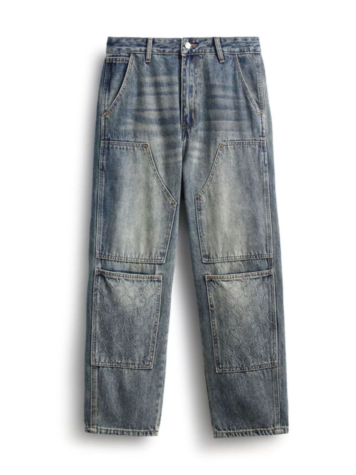 Blue vintage-wash straight-leg jeans laid flat, front view of stitched leg panels