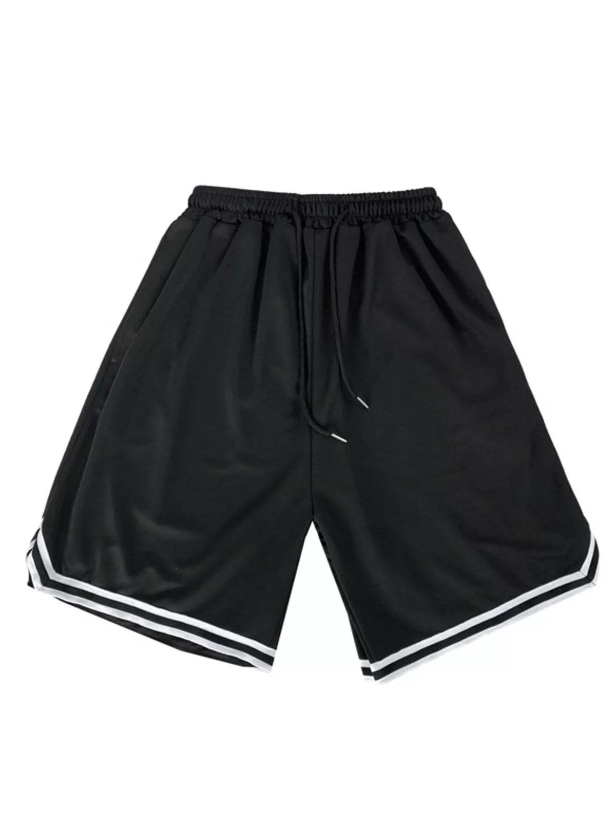 Black basketball shorts with white double-stripe trim, flat view