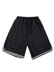 Black basketball shorts with white double-stripe trim, flat view
