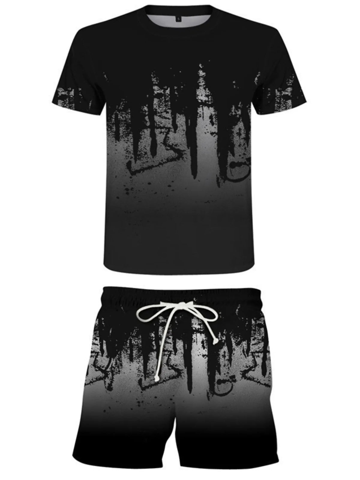 Black and gray graphic short-sleeve shirt with matching drawstring shorts