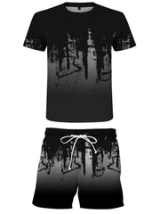 Black and gray graphic short-sleeve shirt with matching drawstring shorts
