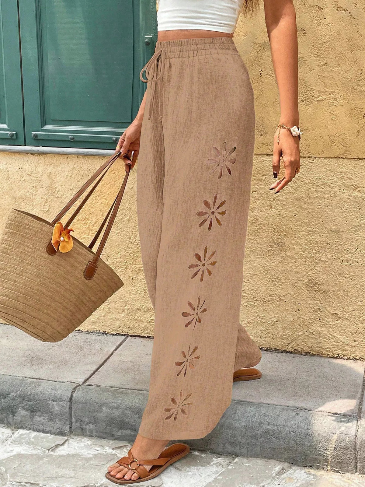 Back view of taupe wide-leg pants
