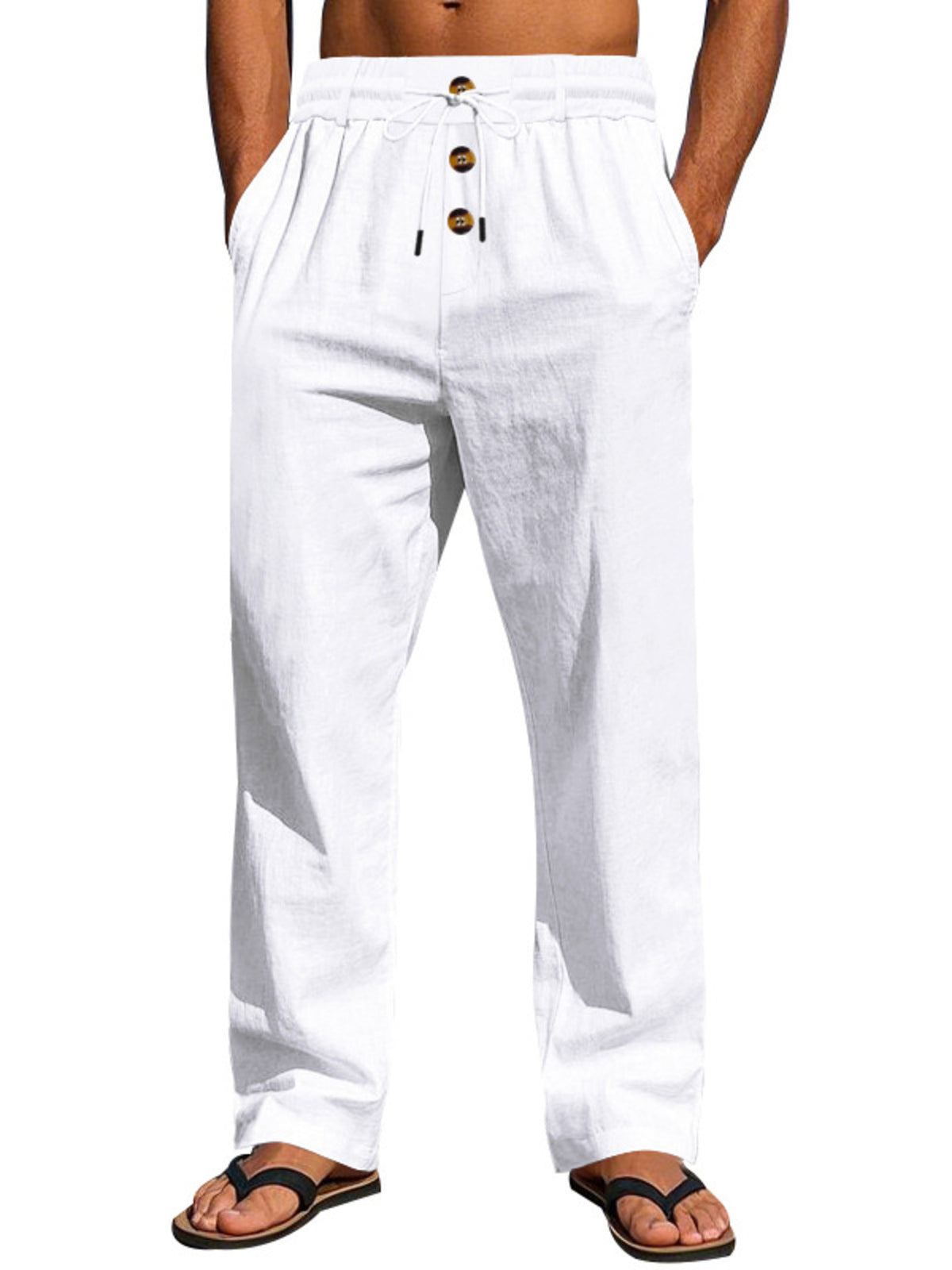 Back view of white pants worn with sandals