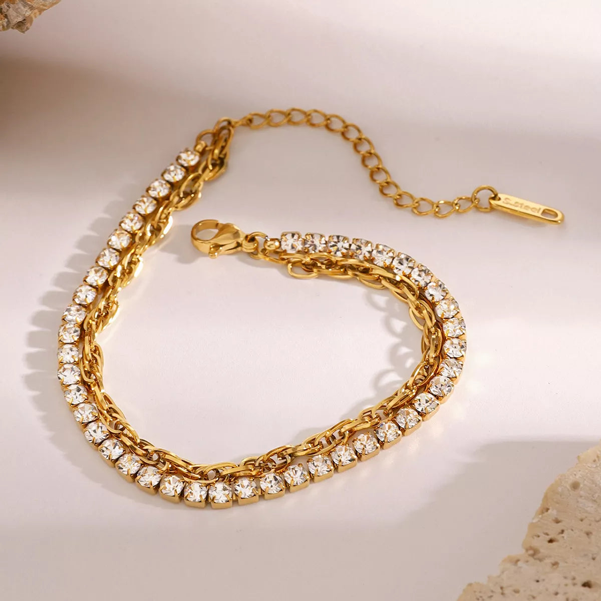 Layered rhinestone bracelet worn on wrist