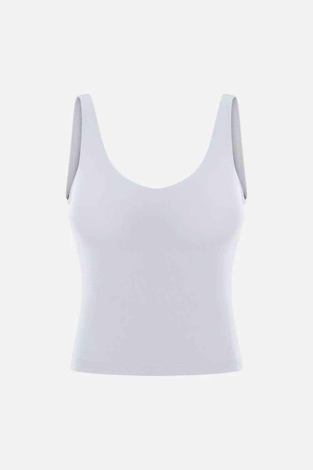 Product view of a white V-neck tank top showing its fitted sleeveless cut.
