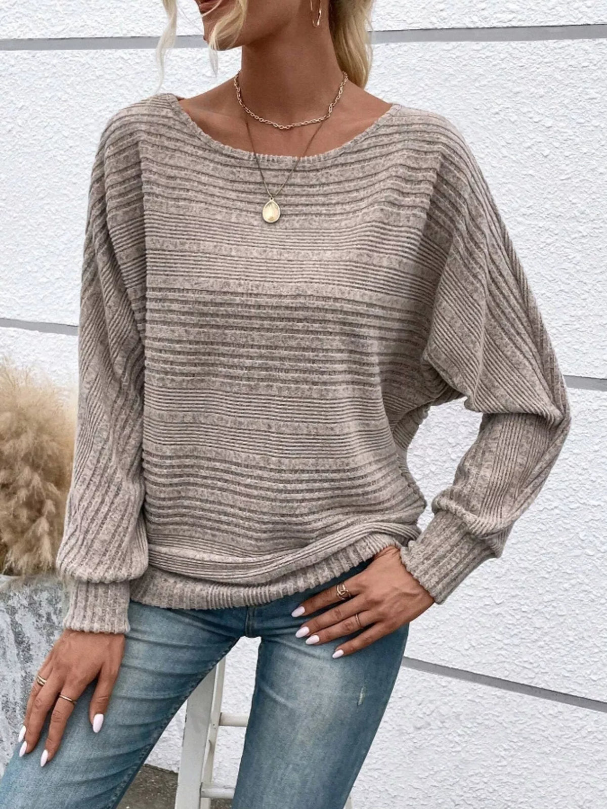 Women’s ribbed round-neck long-sleeve top in taupe front view