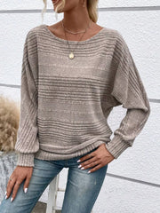 Women’s ribbed round-neck long-sleeve top in taupe front view